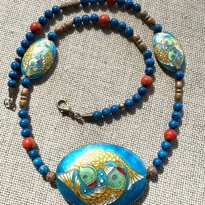 Blue Gold enamel necklace Necklace Fish pendant Blue Lapis Red Jasper Gemstone